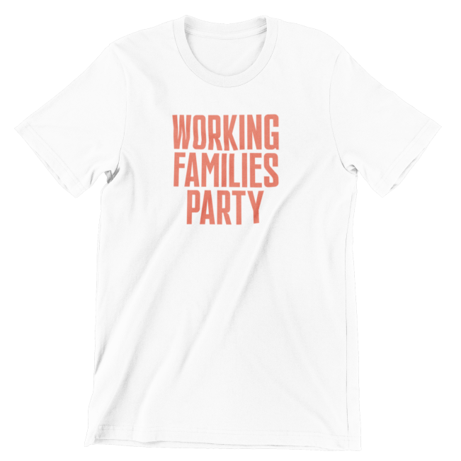 Working Families Party Tee ( White / Working Orange Print )